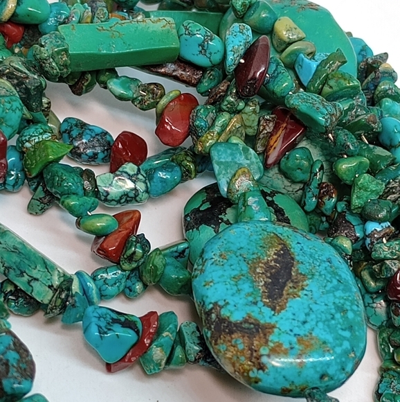 * vintage gorgeous extra long turquoise w/agate chips & 925 clasp necklace - Picture 2 of 5